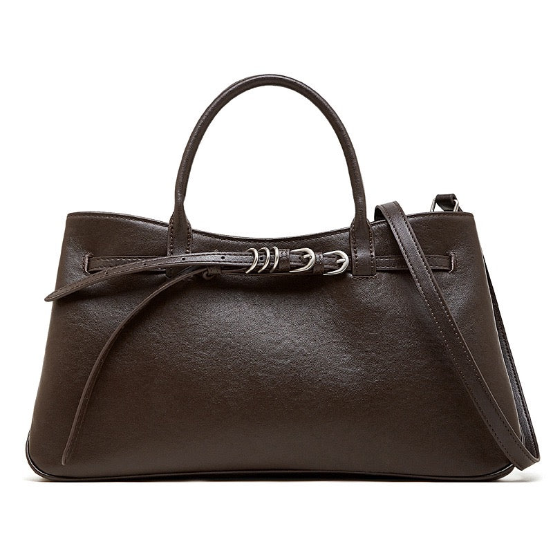 Retro Genuine Leather Crossbody Bag with Signature Ring-Buckle Strap
