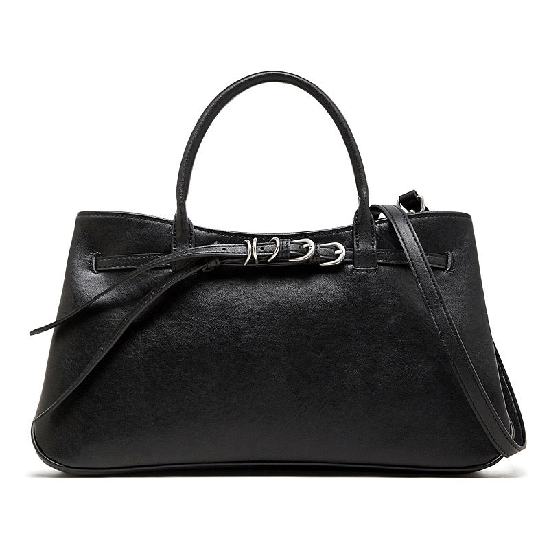 Retro Genuine Leather Crossbody Bag with Signature Ring-Buckle Strap