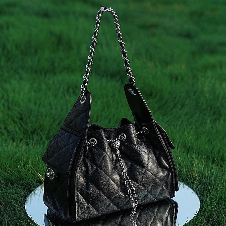 Genuine Leather Caviar Pattern Large Capacity Bucket Shoulder Bag