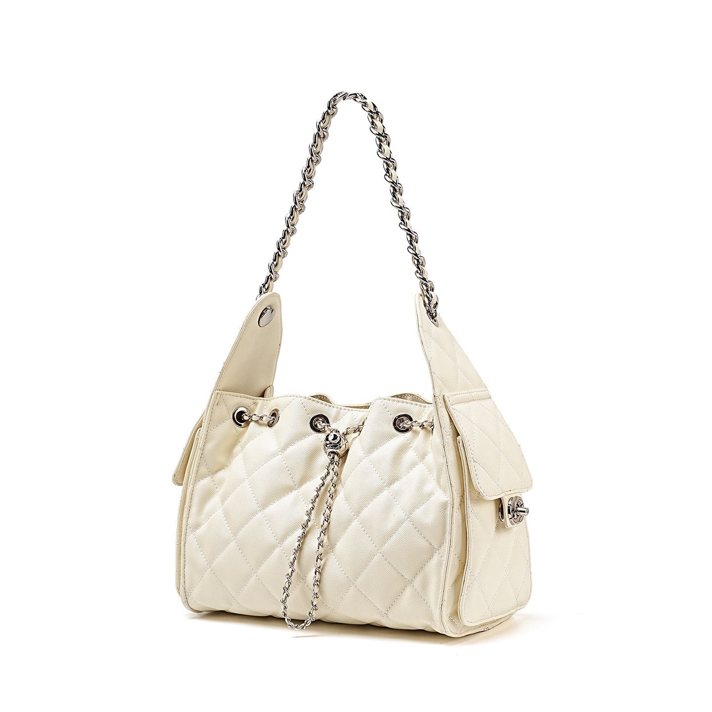 Genuine Leather Caviar Pattern Large Capacity Bucket Shoulder Bag