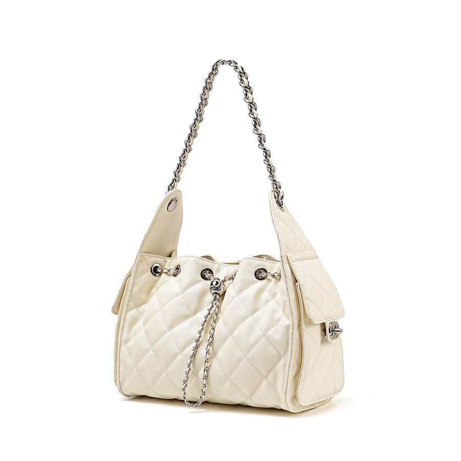 Genuine Leather Caviar Pattern Large Capacity Bucket Shoulder Bag