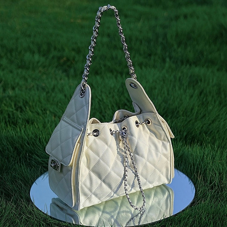 Genuine Leather Caviar Pattern Large Capacity Bucket Shoulder Bag