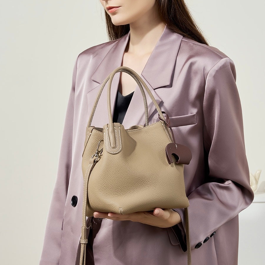 Women's Genuine Leather Bucket Bag with Little Elephant Pendant