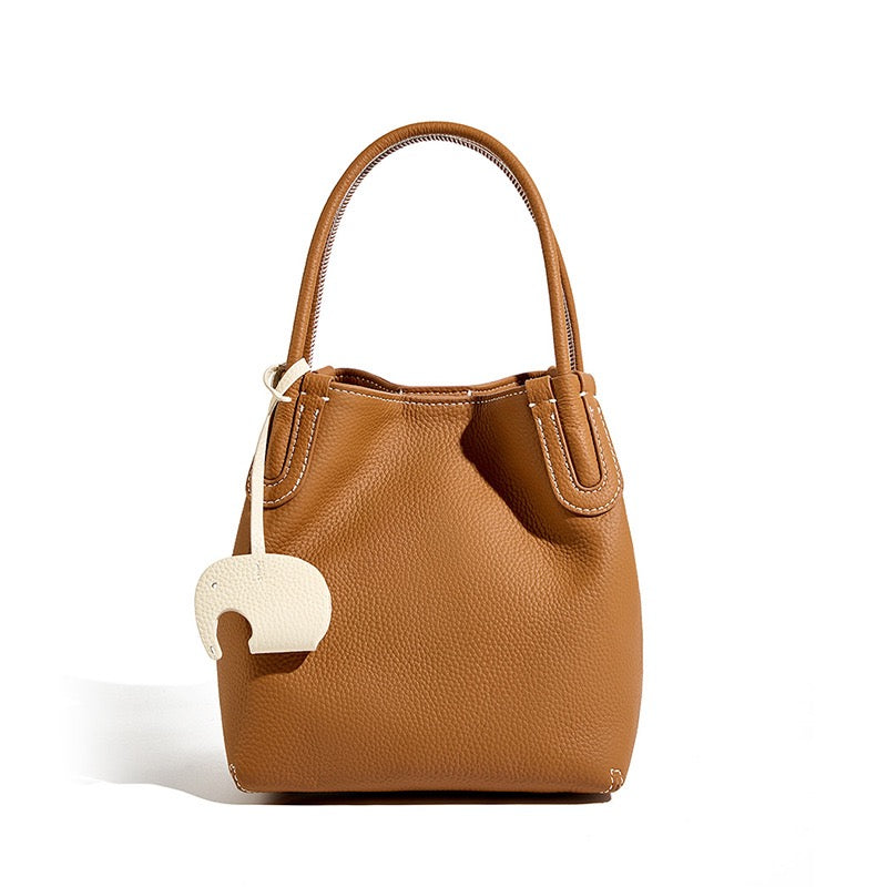 Women's Genuine Leather Bucket Bag with Little Elephant Pendant