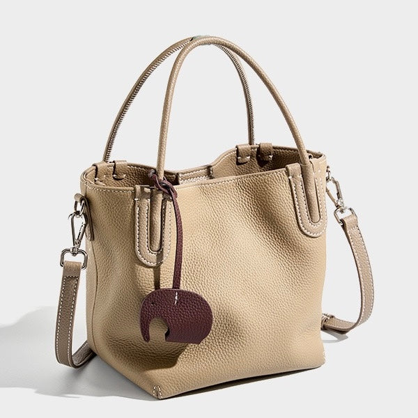 Women's Genuine Leather Bucket Bag with Little Elephant Pendant