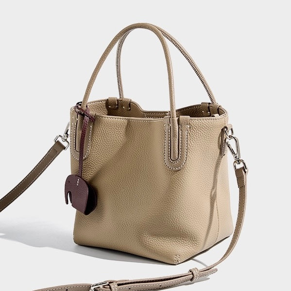 Women's Genuine Leather Bucket Bag with Little Elephant Pendant