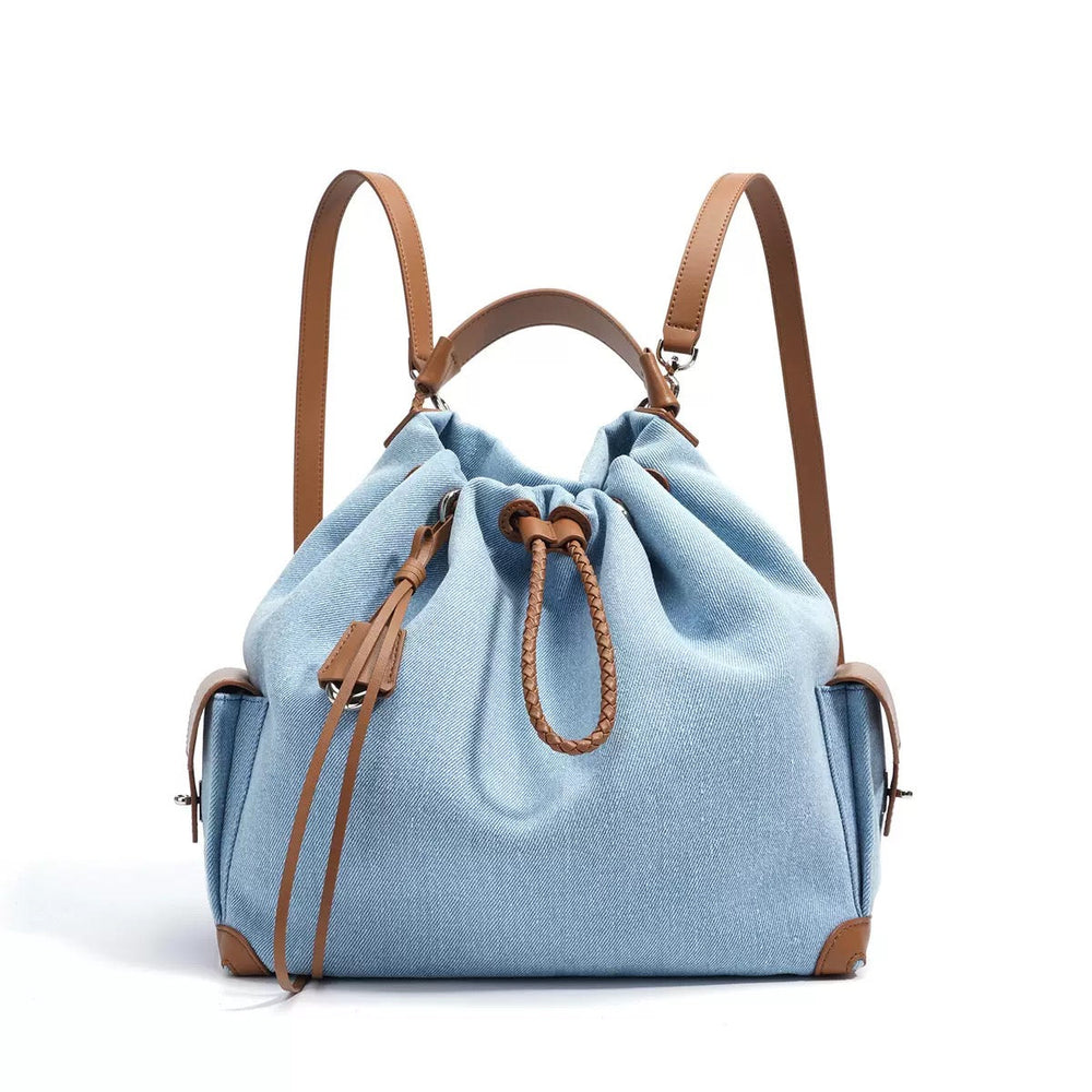 Women's Genuine Leather Denim Patchwork Cool Travel Backpack