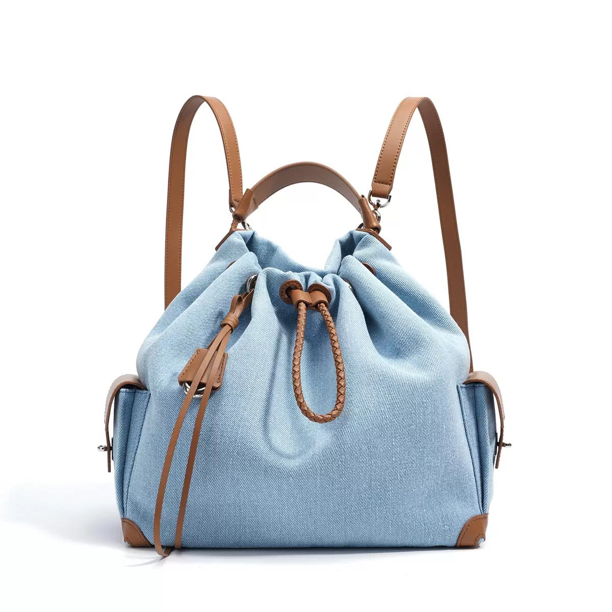 Women's Genuine Leather Denim Patchwork Cool Travel Backpack