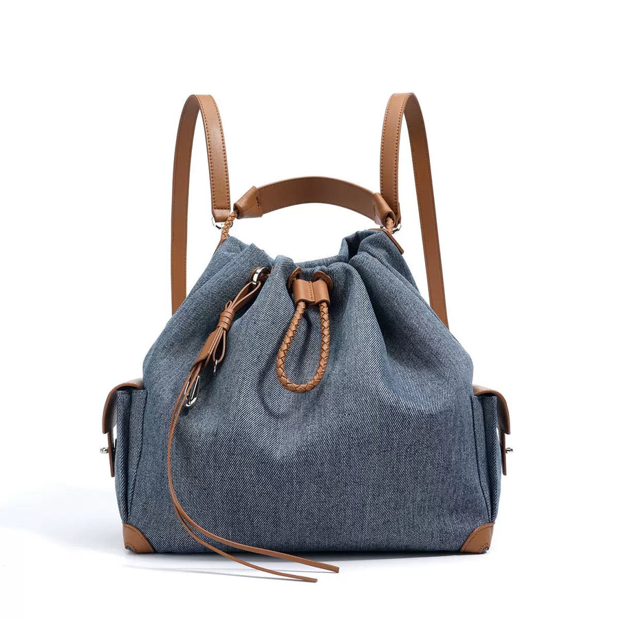 Women's Genuine Leather Denim Patchwork Cool Travel Backpack