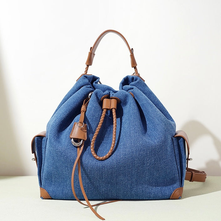 Women's Genuine Leather Denim Patchwork Cool Travel Backpack