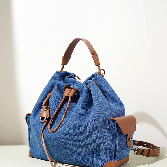 Women's Genuine Leather Denim Patchwork Cool Travel Backpack