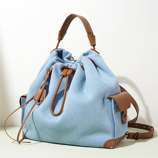 Women's Genuine Leather Denim Patchwork Cool Travel Backpack