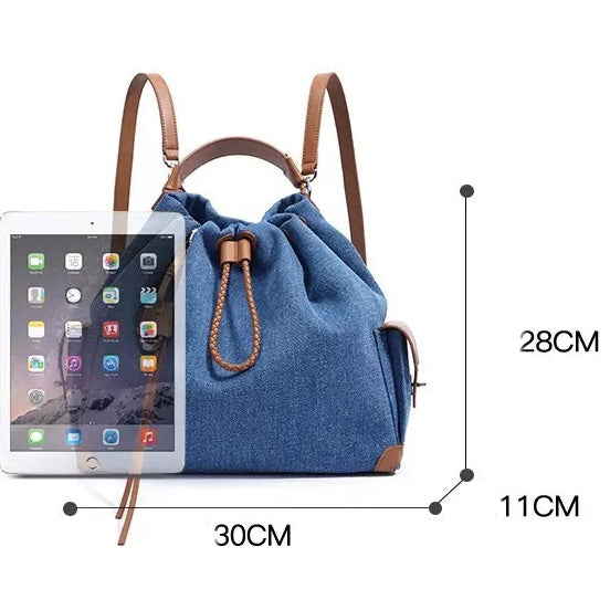 Women's Genuine Leather Denim Patchwork Cool Travel Backpack