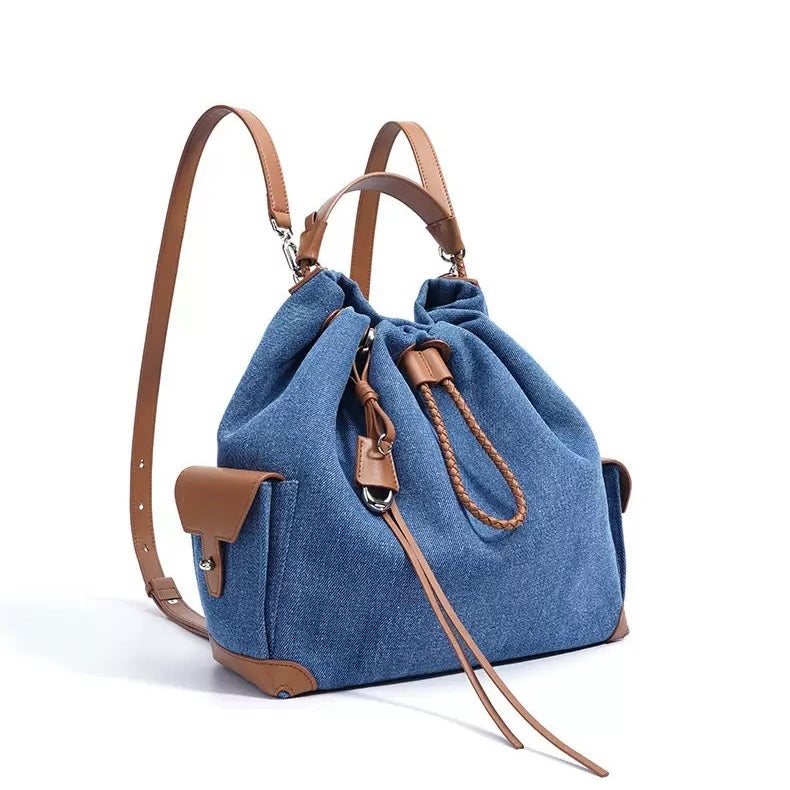 Women's Genuine Leather Denim Patchwork Cool Travel Backpack
