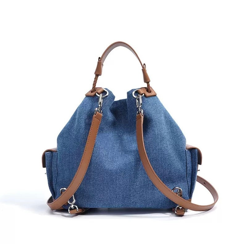 Women's Genuine Leather Denim Patchwork Cool Travel Backpack