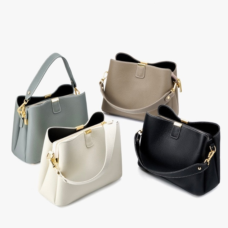 Classic Gold-Trimmed Genuine Leather Bucket Handbag