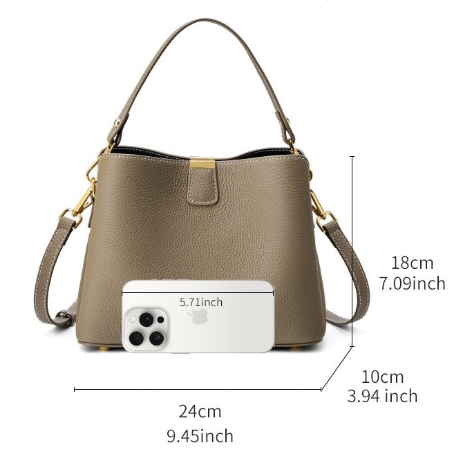 Classic Gold-Trimmed Genuine Leather Bucket Handbag
