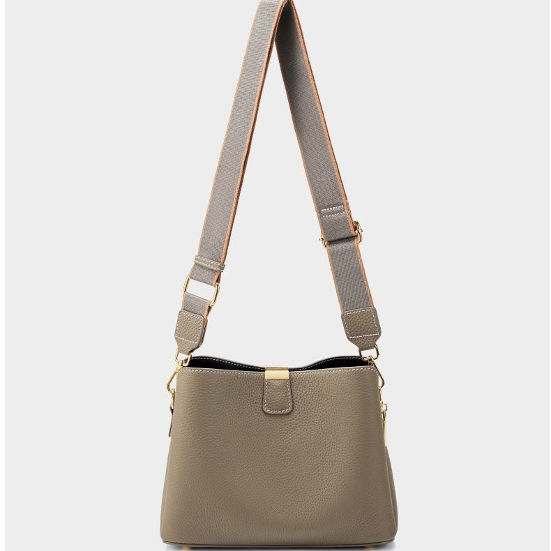 Classic Gold-Trimmed Genuine Leather Bucket Handbag