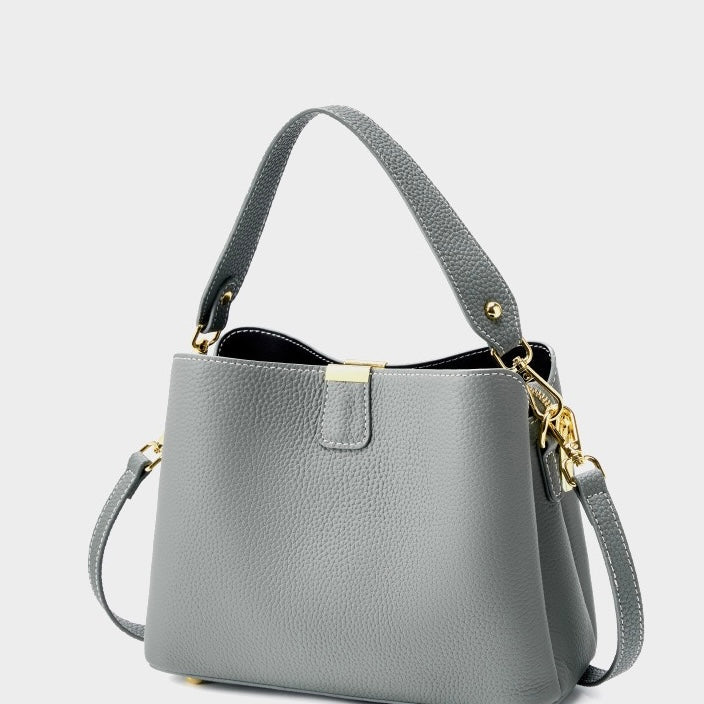 Classic Gold-Trimmed Genuine Leather Bucket Handbag