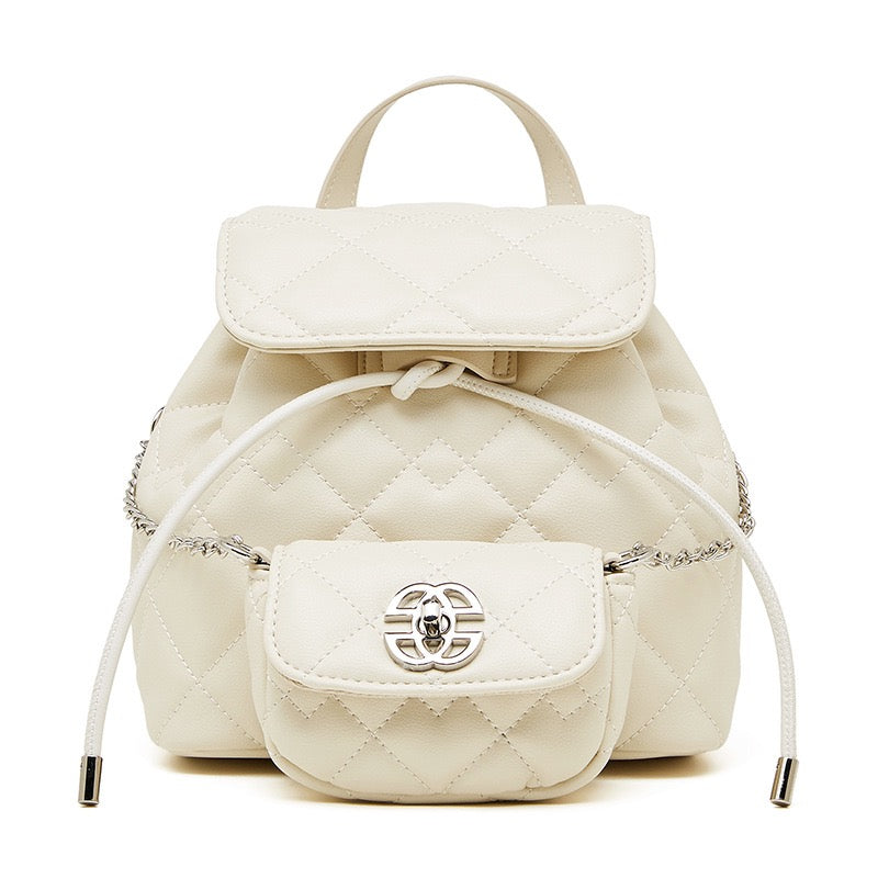 Chic Diamond-Quilted Genuine Leather Mini Backpack with Detachable Pouch