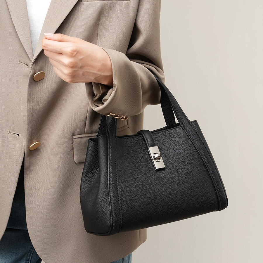 Women's Top-Grain Leather Handheld Crossbody Bag with Lock Closure