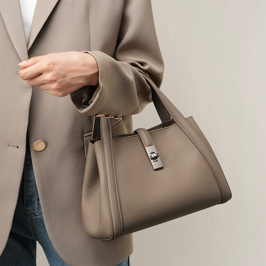 Women's Top-Grain Leather Handheld Crossbody Bag with Lock Closure