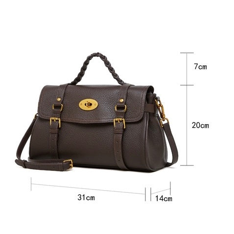 Classic Buckle-Detail Leather Satchel with Braided Handle