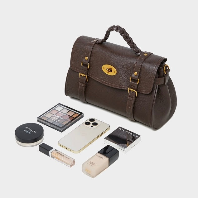 Classic Buckle-Detail Leather Satchel with Braided Handle