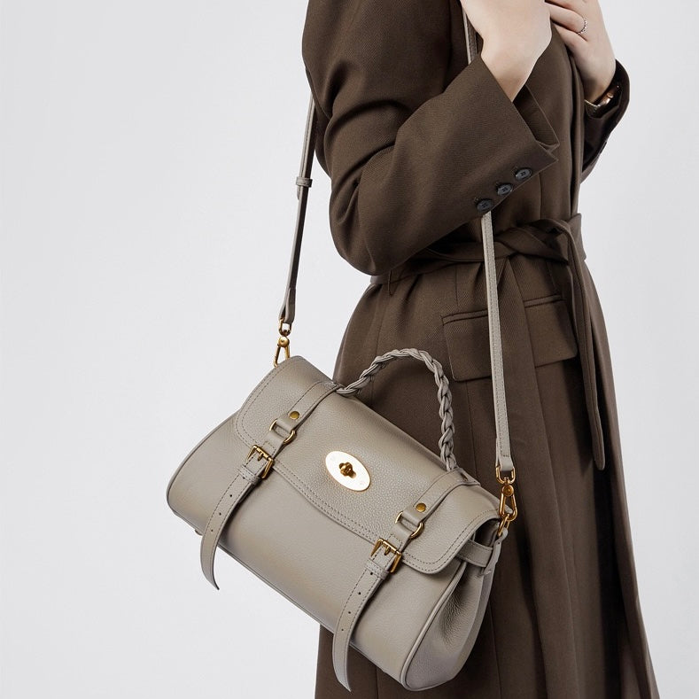 Classic Buckle-Detail Leather Satchel with Braided Handle