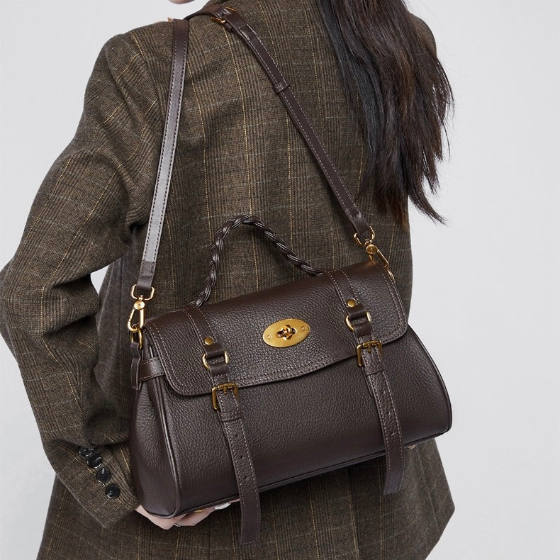 Classic Buckle-Detail Leather Satchel with Braided Handle