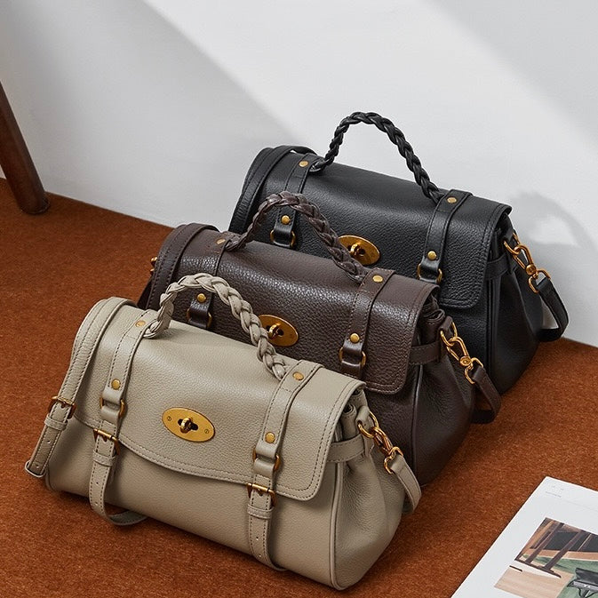 Classic Buckle-Detail Leather Satchel with Braided Handle
