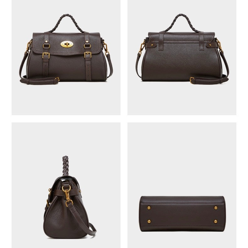 Classic Buckle-Detail Leather Satchel with Braided Handle