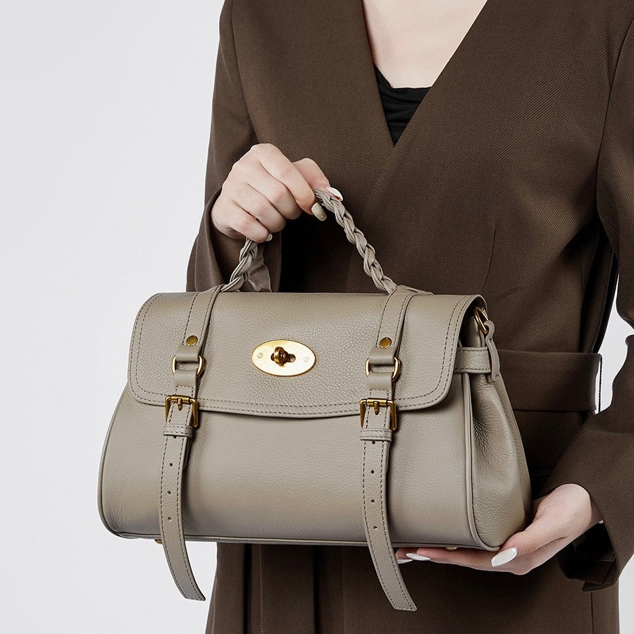 Classic Buckle-Detail Leather Satchel with Braided Handle