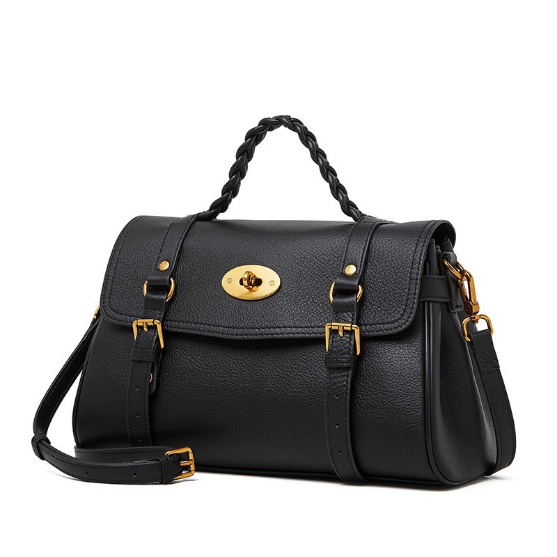 Classic Buckle-Detail Leather Satchel with Braided Handle