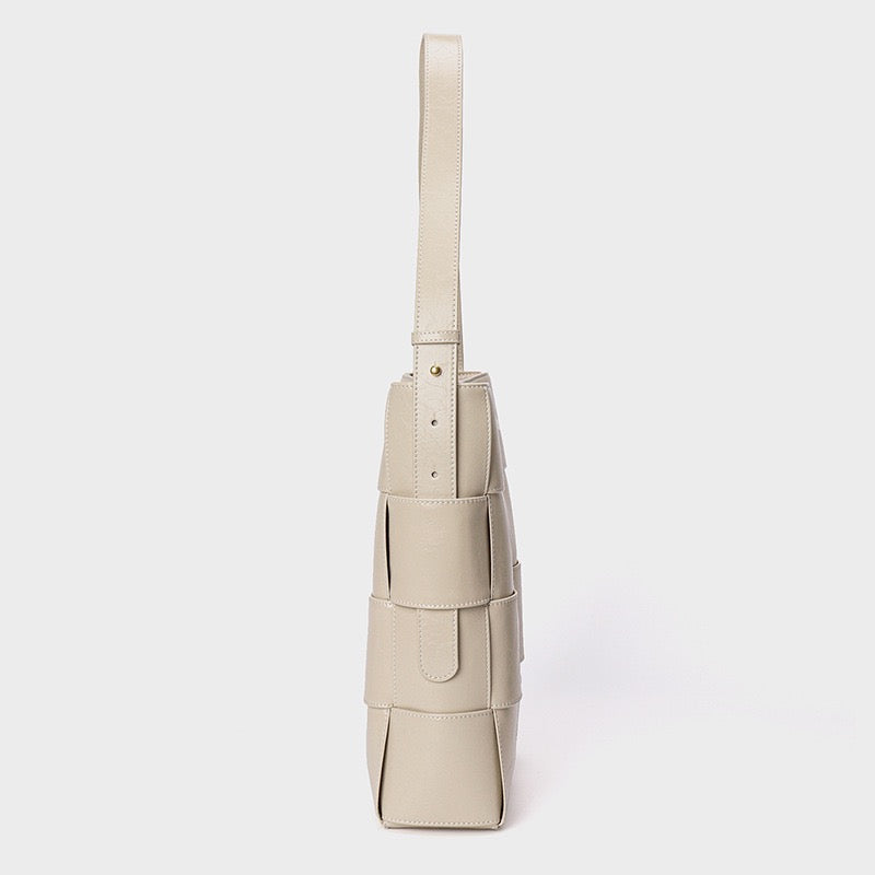 Beige Woven Leather Bucket Shoulder Bag