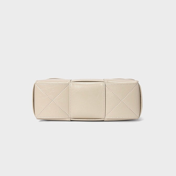 Beige Woven Leather Bucket Shoulder Bag