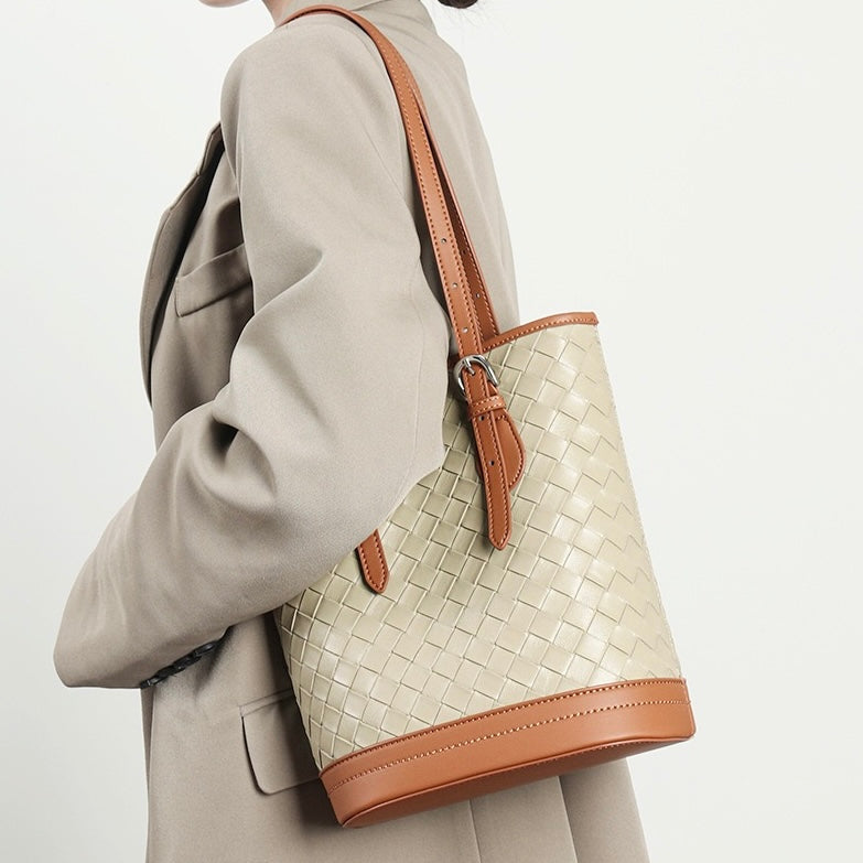 Woven Genuine Leather Color Block Bucket Tote Bag