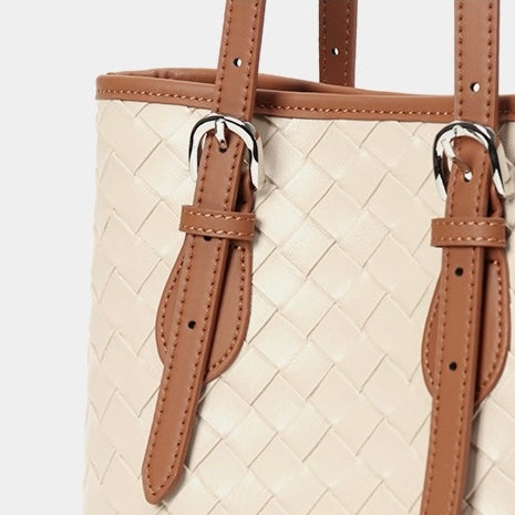 Woven Genuine Leather Color Block Bucket Tote Bag