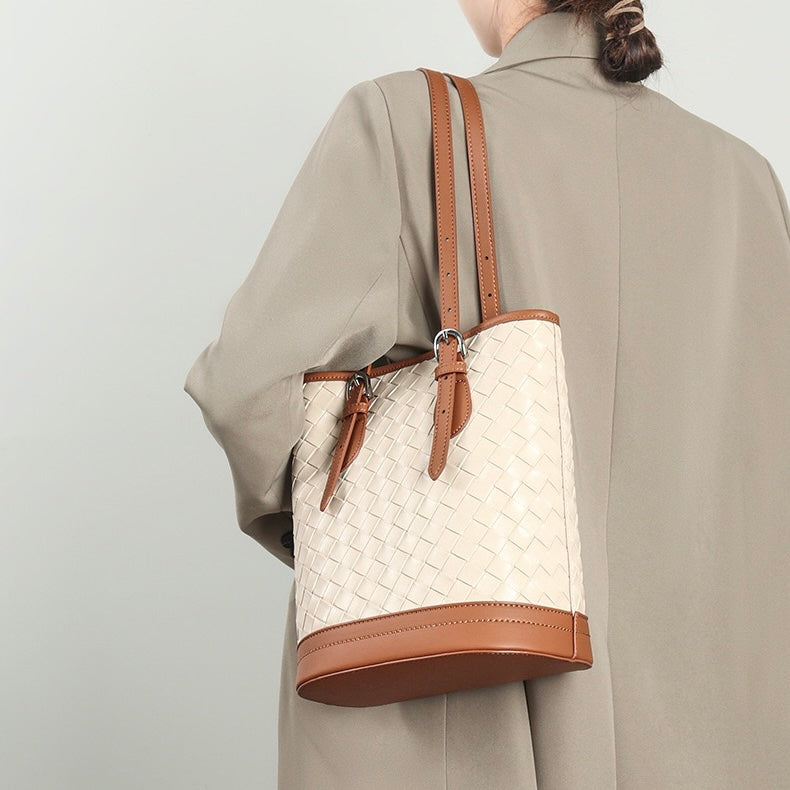 Woven Genuine Leather Color Block Bucket Tote Bag