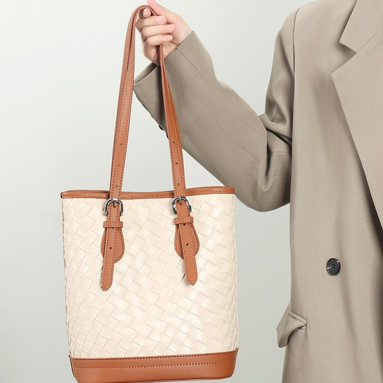 Woven Genuine Leather Color Block Bucket Tote Bag