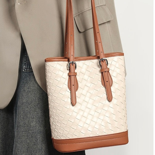 Woven Genuine Leather Color Block Bucket Tote Bag