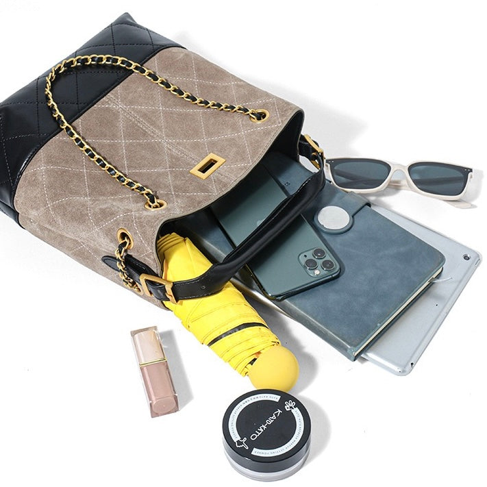 Suede Genuine Leather Color Block Chain Bucket Bag