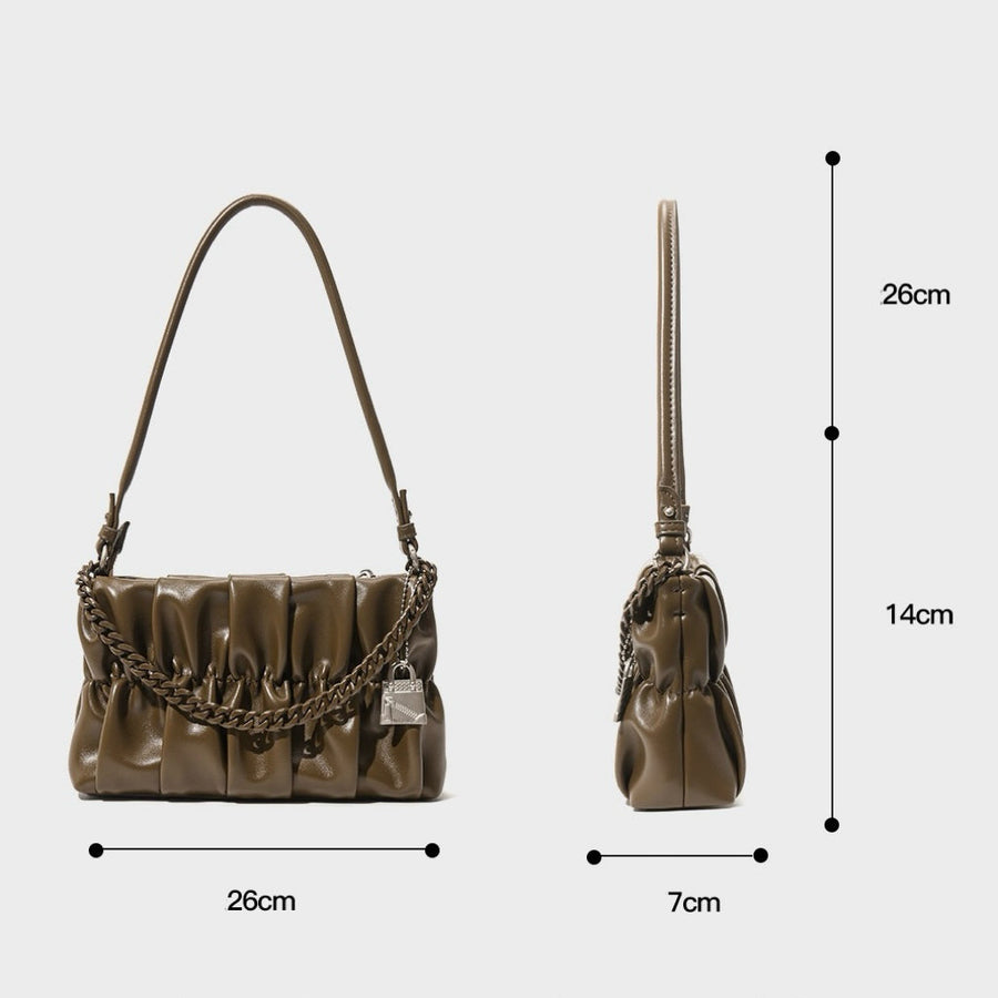 Textured Olive Genuine Leather Shoulder Bag with Chain & Lock Charm
