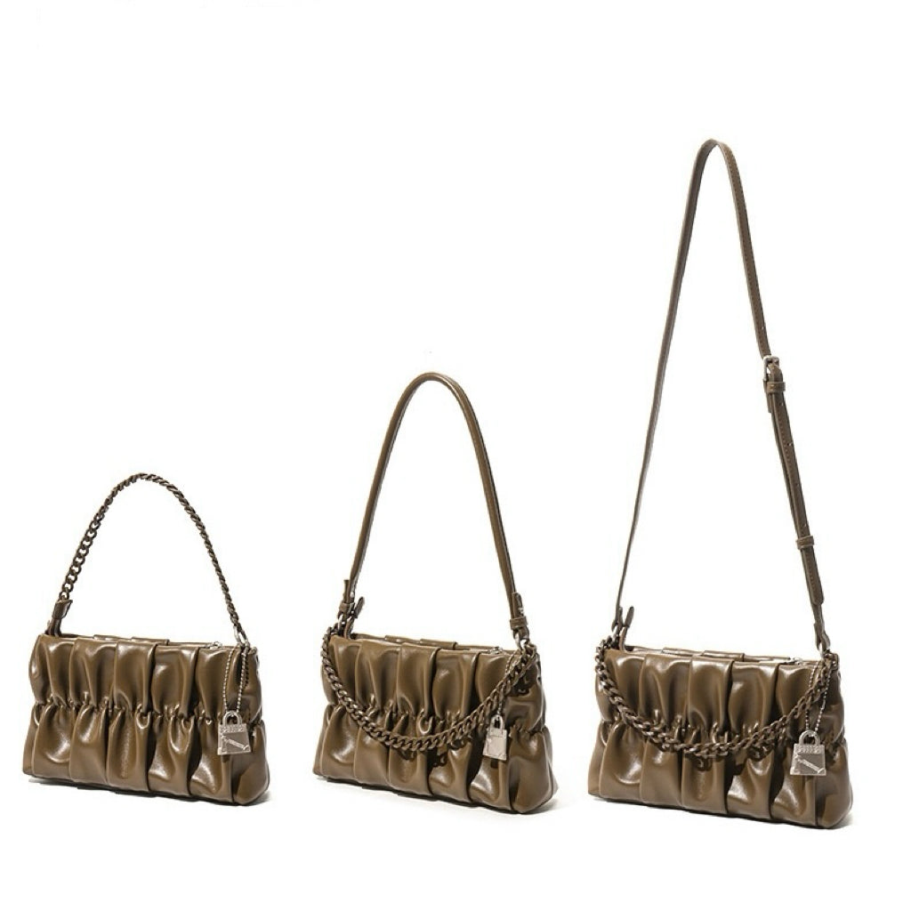 Textured Olive Genuine Leather Shoulder Bag with Chain & Lock Charm