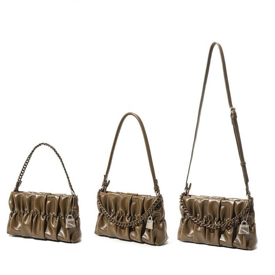 Textured Olive Genuine Leather Shoulder Bag with Chain & Lock Charm
