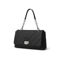 Chain-Embellished V-Quilted Genuine Leather Shoulder Bag