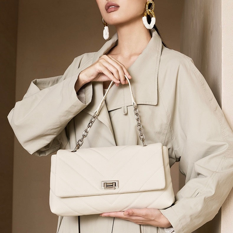 Chain-Embellished V-Quilted Genuine Leather Shoulder Bag