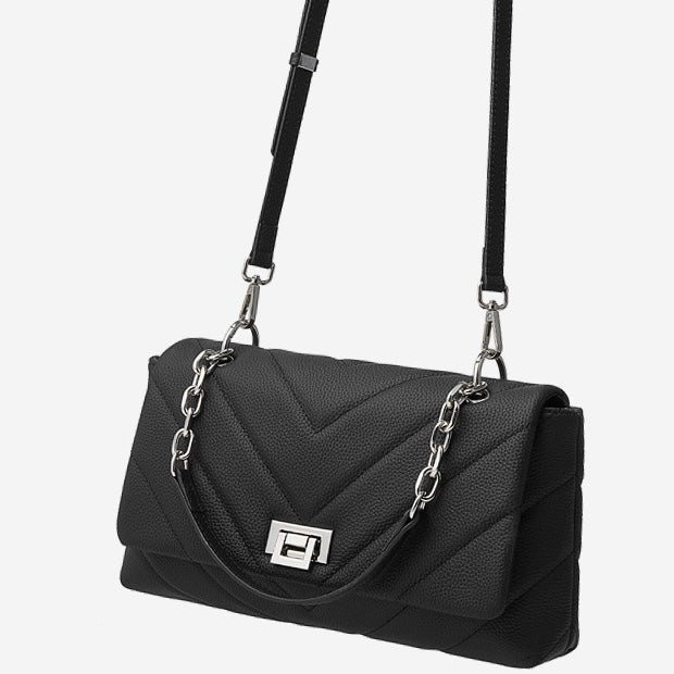 Chain-Embellished V-Quilted Genuine Leather Shoulder Bag