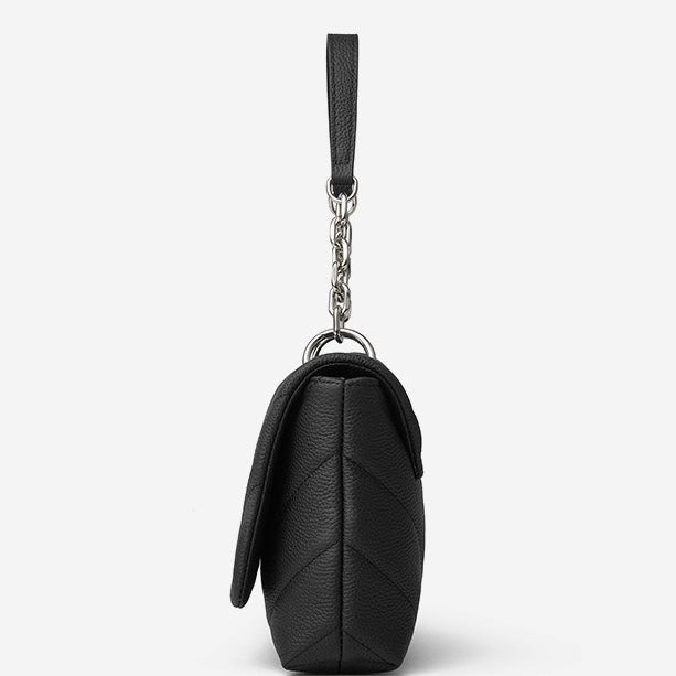Chain-Embellished V-Quilted Genuine Leather Shoulder Bag
