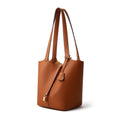 Textured Genuine Leather Tote Bag with Gold Buckle